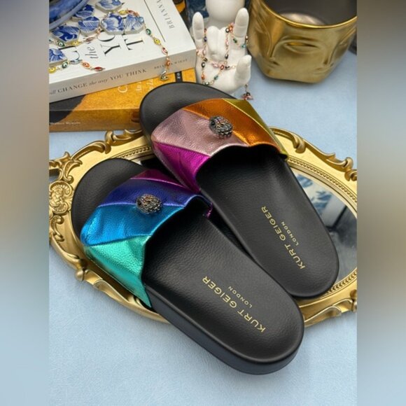 🆕 KURT GEIGER LONDON 🧿 NWOB Meena Eagle Metallic Pool Slide - Size 38 US 7.5 - Picture 10 of 12
